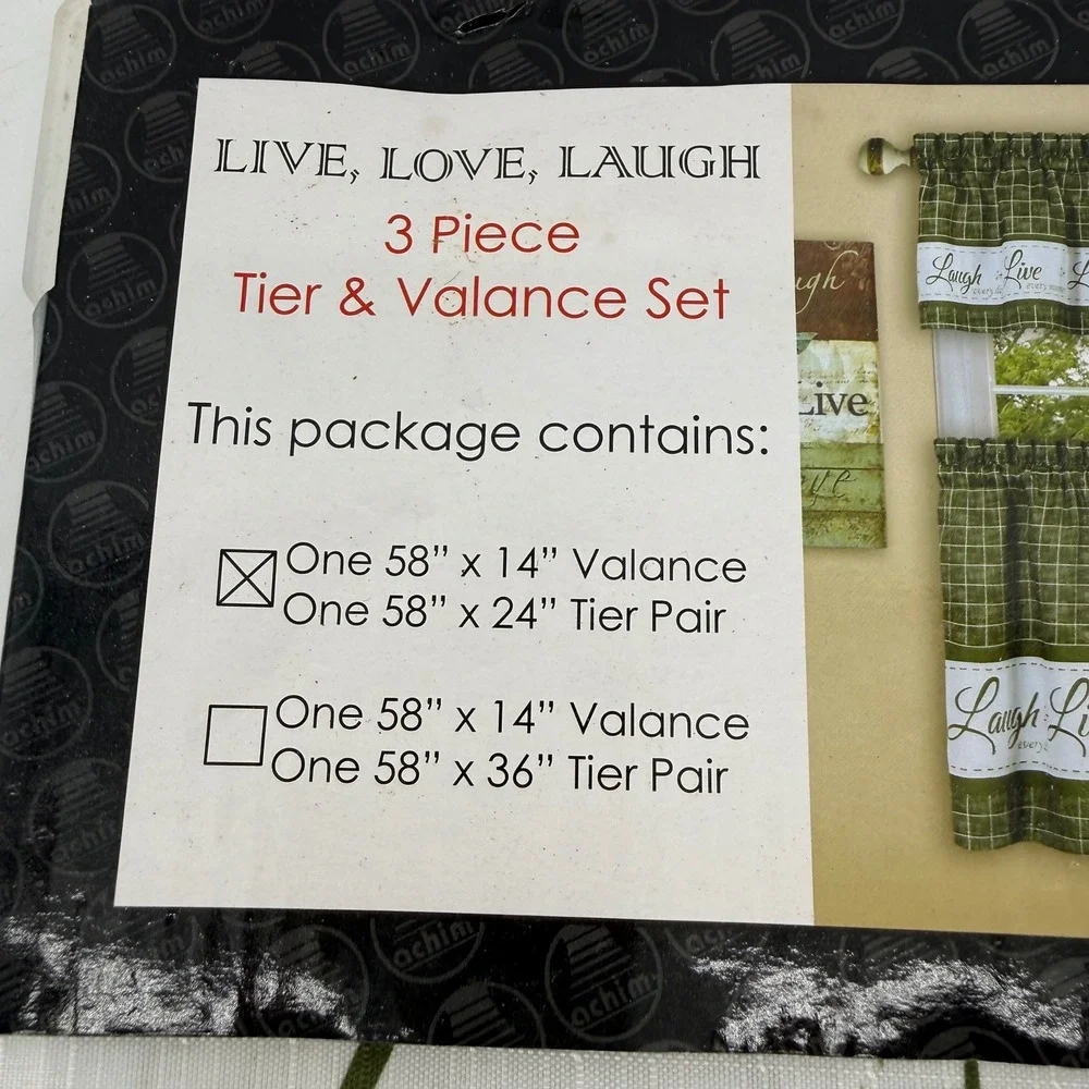 Achim Live Love Laugh 3 Piece Kitchen Curtain Tier & Valance Set Green Plaid 24